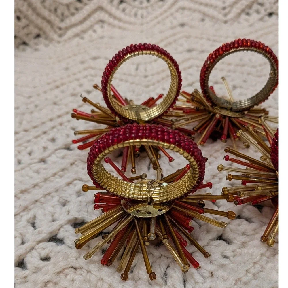 Vintage Beaded Starburst Napkin Rings Set of 4 Red Amber Gold Sunburst MCM Style